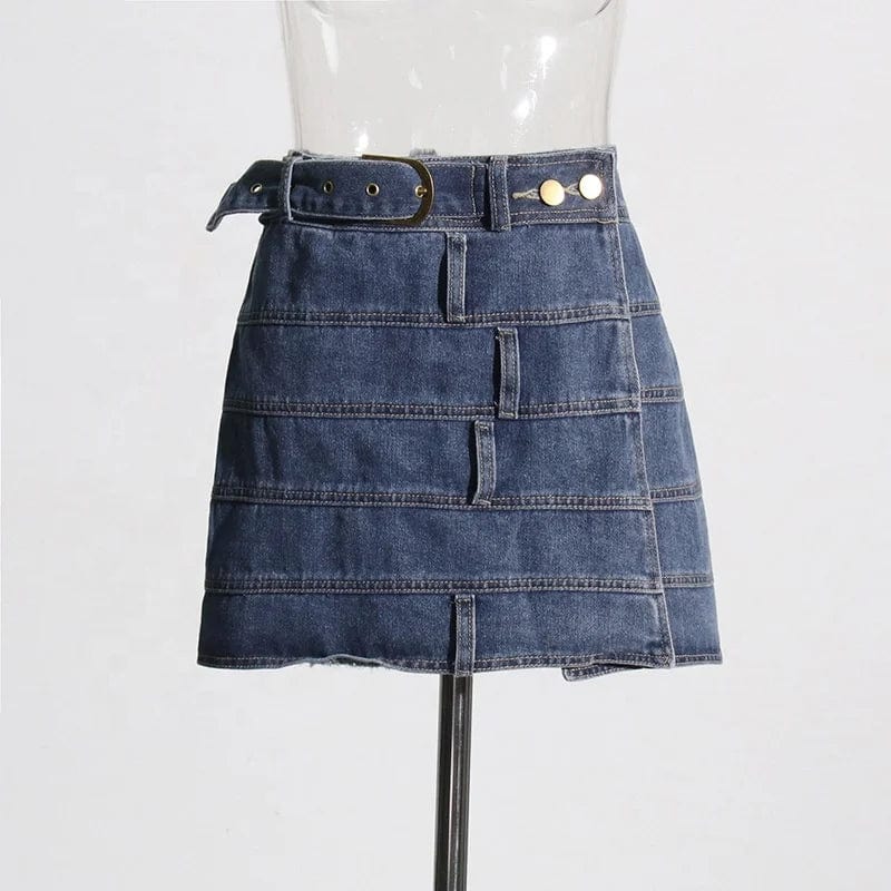 OUDINA American Style Denim Skirt 2024 Spring New Design Stitching Belt A-line Short Mini Skirts For Women