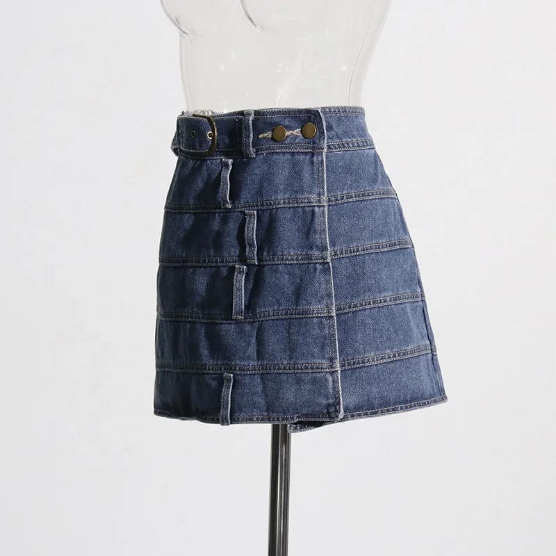 OUDINA American Style Denim Skirt 2024 Spring New Design Stitching Belt A-line Short Mini Skirts For Women
