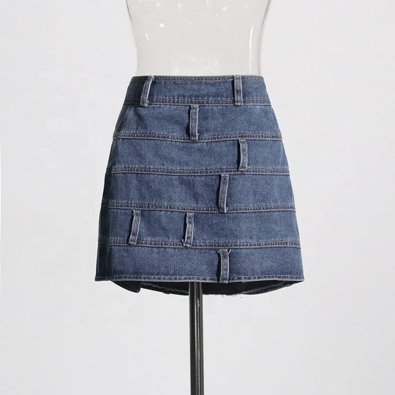OUDINA American Style Denim Skirt 2024 Spring New Design Stitching Belt A-line Short Mini Skirts For Women