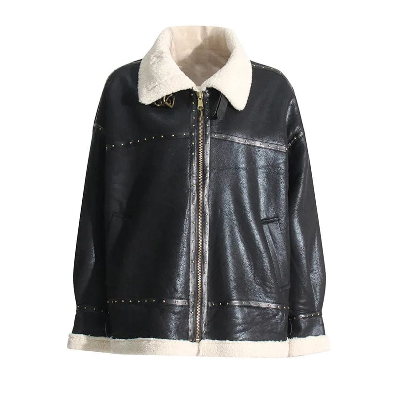 OUDINA French Style Lamb Fur Jacket  Autumn And Winter New Stitching Lace-up Vintage Leather Jackets For Women 2024