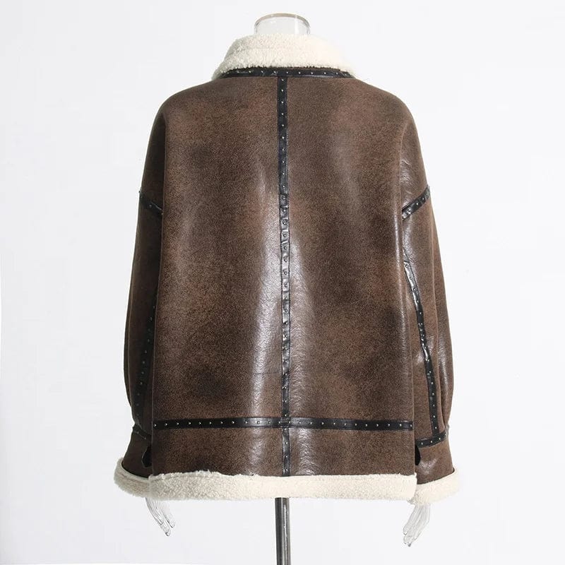 OUDINA French Style Lamb Fur Jacket  Autumn And Winter New Stitching Lace-up Vintage Leather Jackets For Women 2024