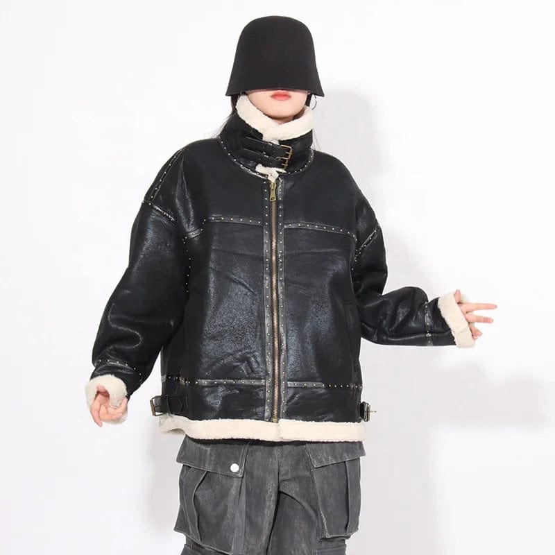 OUDINA French Style Lamb Fur Jacket  Autumn And Winter New Stitching Lace-up Vintage Leather Jackets For Women 2024