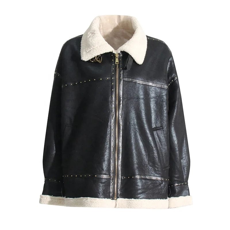 OUDINA French Style Lamb Fur Jacket  Autumn And Winter New Stitching Lace-up Vintage Leather Jackets For Women 2024