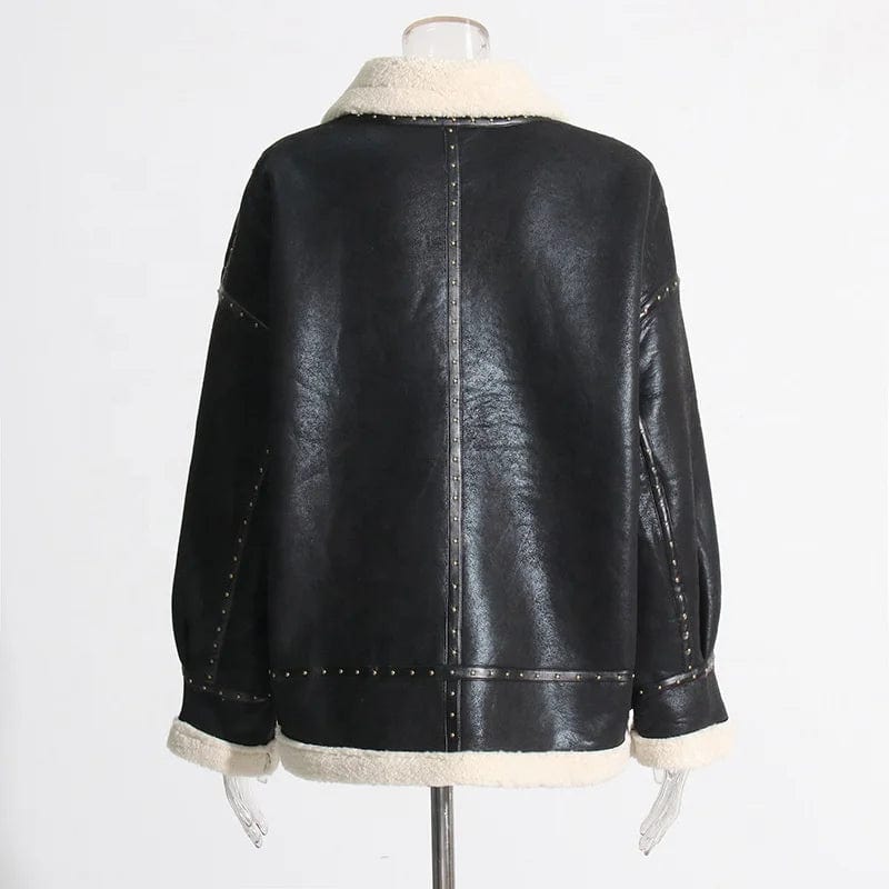 OUDINA French Style Lamb Fur Jacket  Autumn And Winter New Stitching Lace-up Vintage Leather Jackets For Women 2024