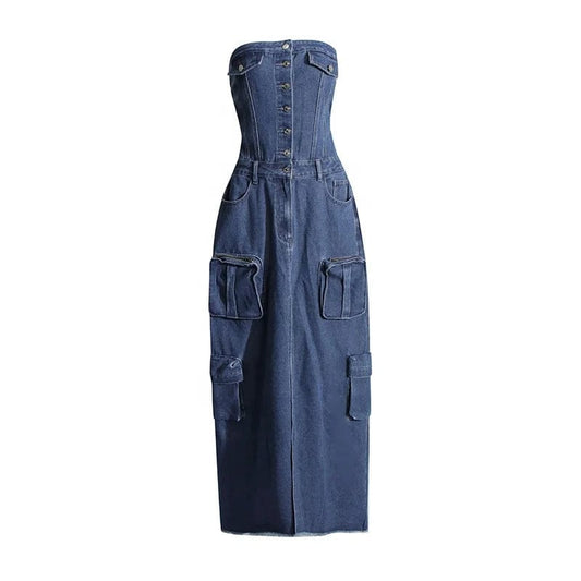 OUDINA Hot Girl Women's Denim Dresses 2024 New Stitching Pocket Waist Slimming Tube Long Dress For Women