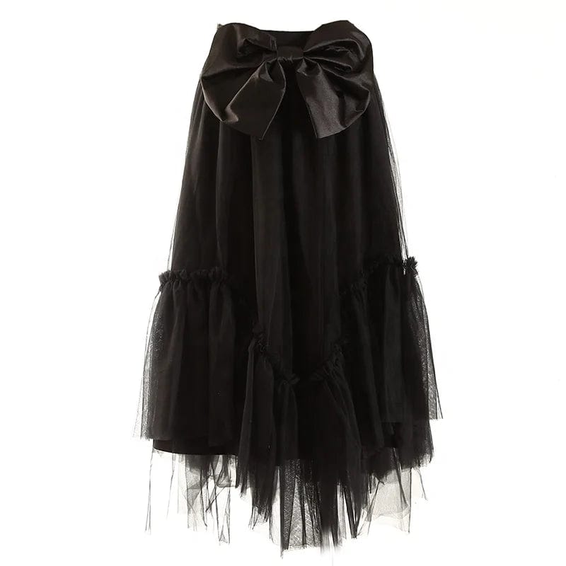 OUDINA New Fashion High Waist Casual Mesh Bow Ladies A-line Skirt Women's Long Skirts