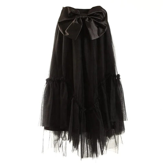 OUDINA New Fashion High Waist Casual Mesh Bow Ladies A-line Skirt Women's Long Skirts