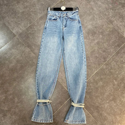 OUDINA New Fashion Style Boot cut Pants Belt Knee Decoration Splicing Hot Girl Jeans Pants For Women