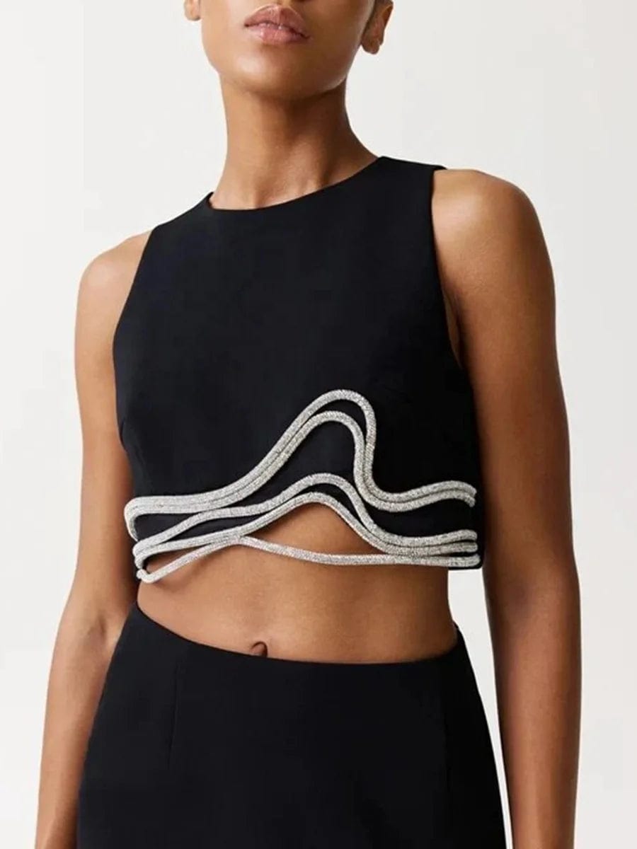 OUDINA New Niche Design Sleeveless Diamond Top 2024 Stitching Irregular Hem Vest Crop Tops For Women