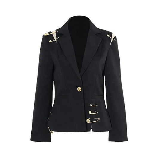 OUDINA New Style Black Blazers Damas Mujeres 2024 Shoulder Mesh Patchwork Pin Decoration Blazer For Woman