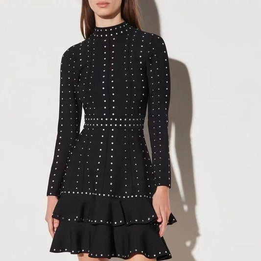 OUDINA Stylish High End Handmade Black Beaded Sequins Ruffled Waist Knitted Dress Women's Elegant Party Women Clothing Dresses