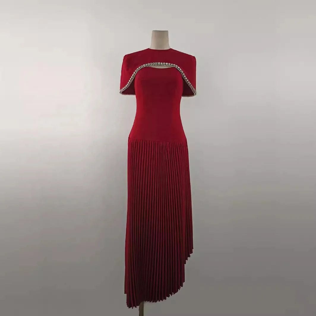 OUDINA Stylish High-grade Beaded Rhinestones Cape Pleated Two Piece Dress Set Women Elegant Summer Dresses Casual Long Dress