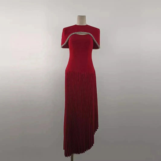OUDINA Stylish High-grade Beaded Rhinestones Cape Pleated Two Piece Dress Set Women Elegant Summer Dresses Casual Long Dress