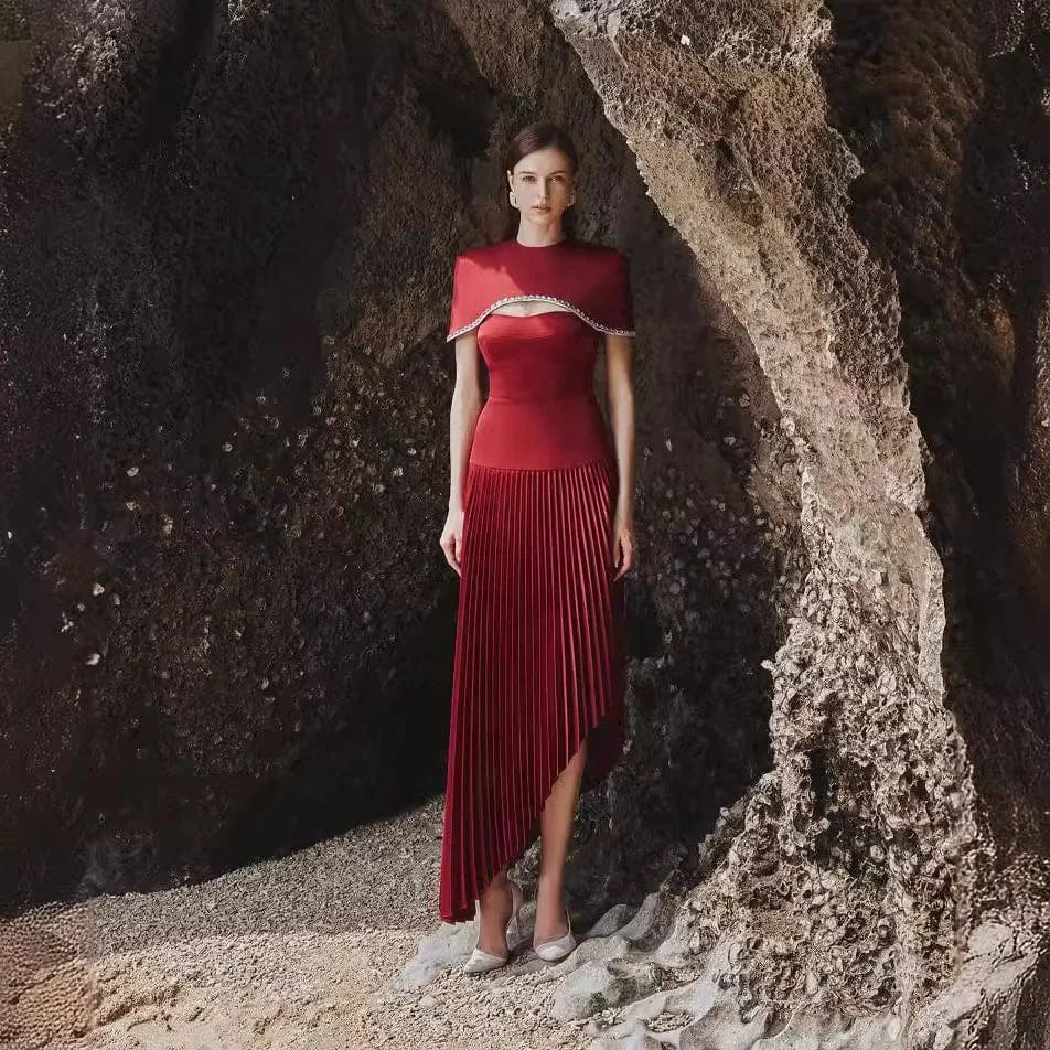 OUDINA Stylish High-grade Beaded Rhinestones Cape Pleated Two Piece Dress Set Women Elegant Summer Dresses Casual Long Dress