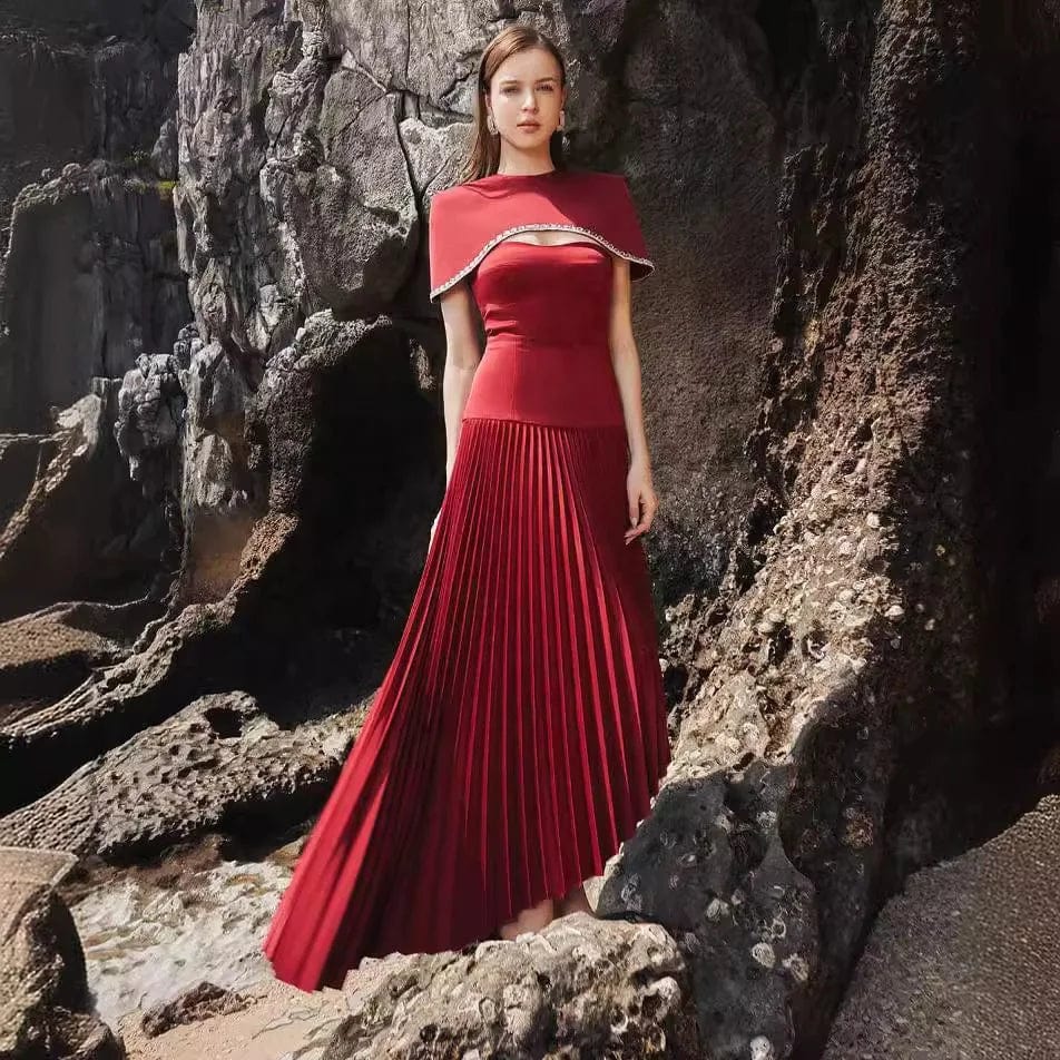 OUDINA Stylish High-grade Beaded Rhinestones Cape Pleated Two Piece Dress Set Women Elegant Summer Dresses Casual Long Dress