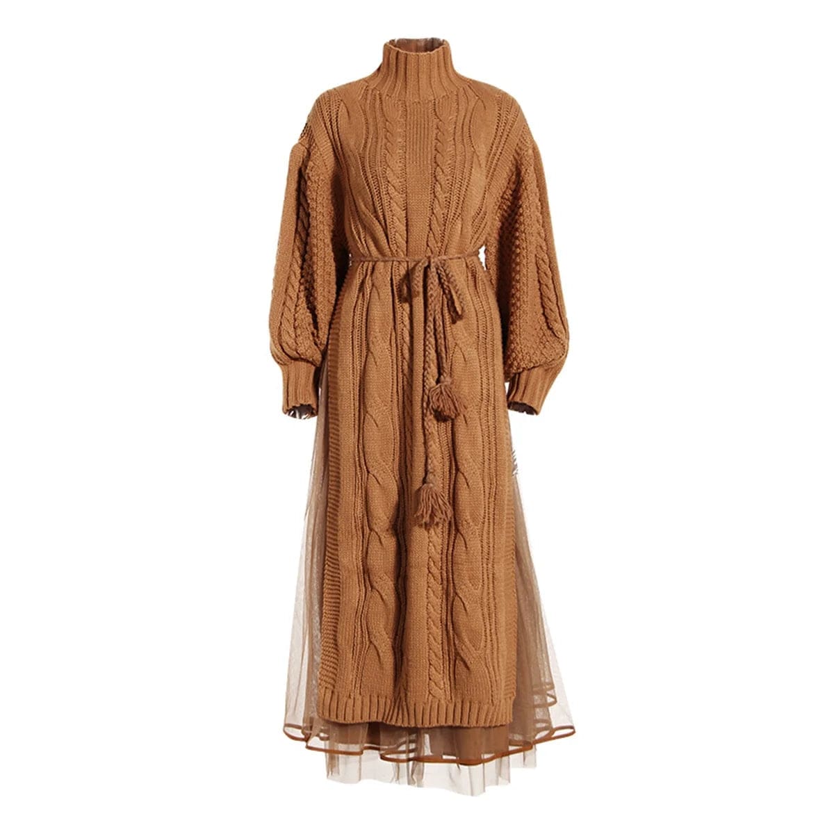 OUDINA Stylish New Arrivals Two Piece Set Lantern Sleeve Mesh Skirt Casual Lady Elegant Knit Sweater Women's Dresses