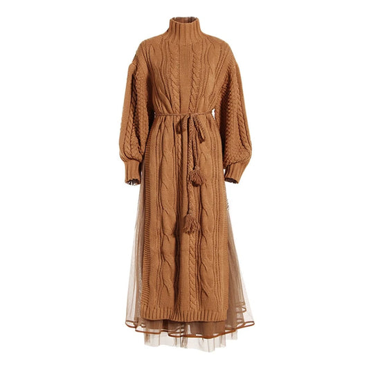 OUDINA Stylish New Arrivals Two Piece Set Lantern Sleeve Mesh Skirt Casual Lady Elegant Knit Sweater Women's Dresses