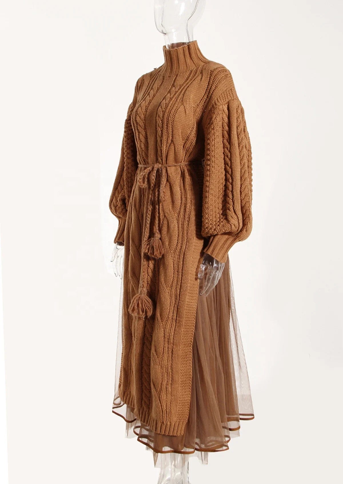 OUDINA Stylish New Arrivals Two Piece Set Lantern Sleeve Mesh Skirt Casual Lady Elegant Knit Sweater Women's Dresses