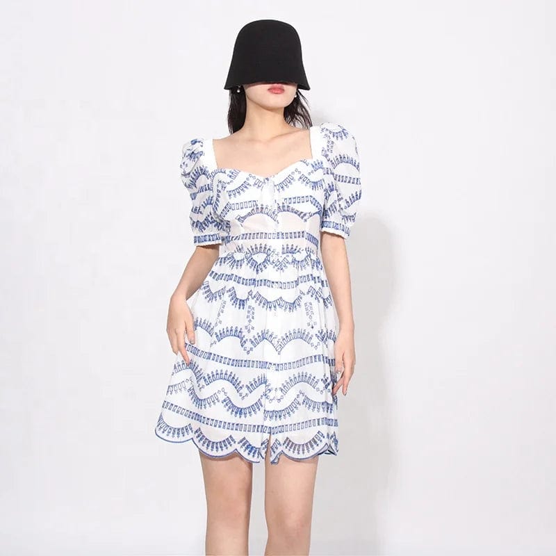 OUDINA  Summer New 2024 Sweet Square Neck Hollow Dress Lace Short Sleeve Dress Mini Dresses Women