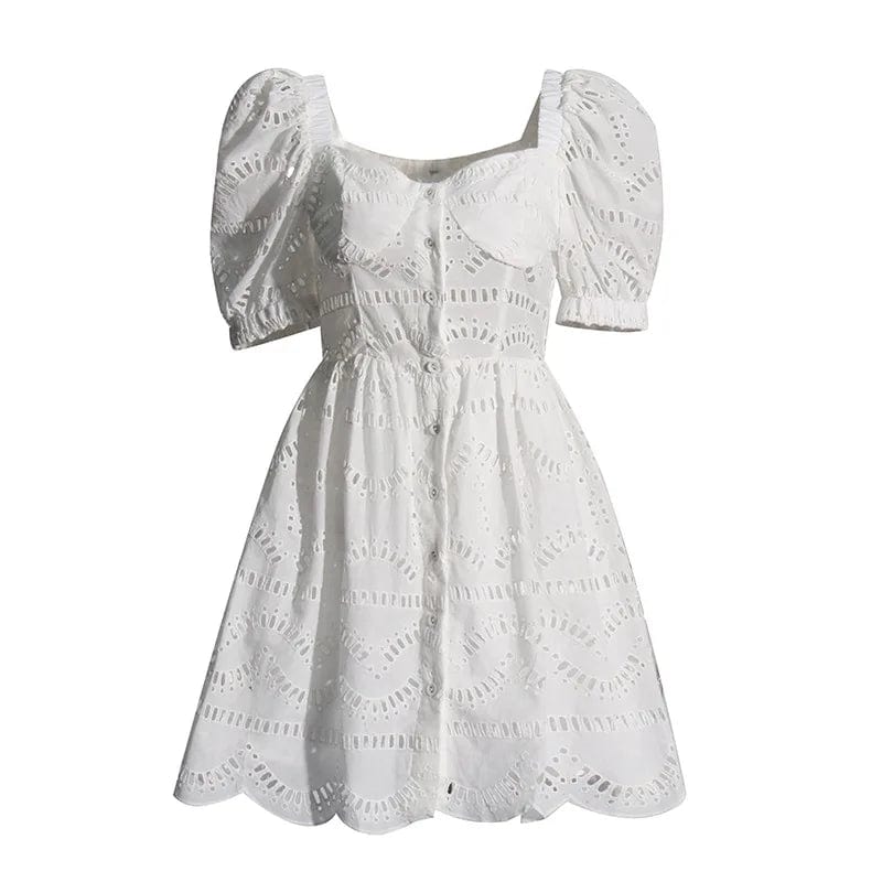 OUDINA  Summer New 2024 Sweet Square Neck Hollow Dress Lace Short Sleeve Dress Mini Dresses Women