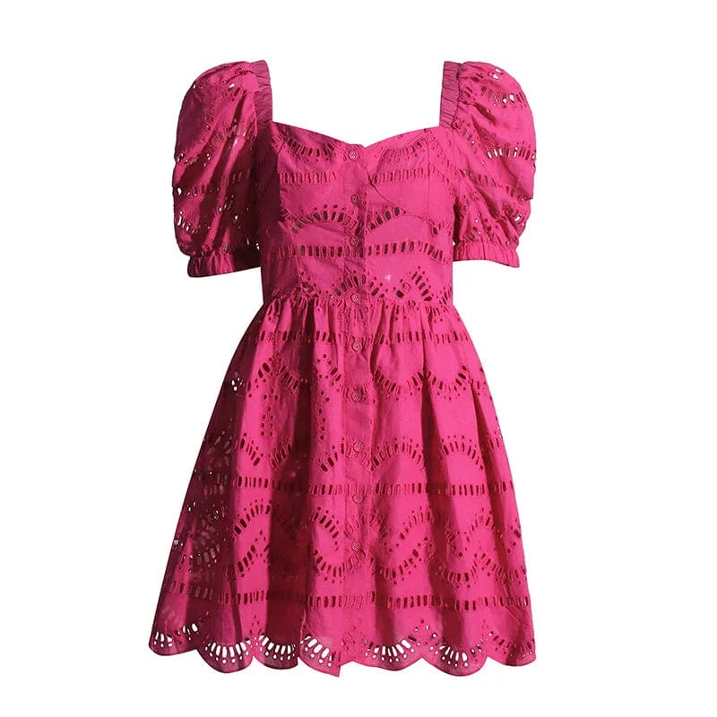 OUDINA  Summer New 2024 Sweet Square Neck Hollow Dress Lace Short Sleeve Dress Mini Dresses Women