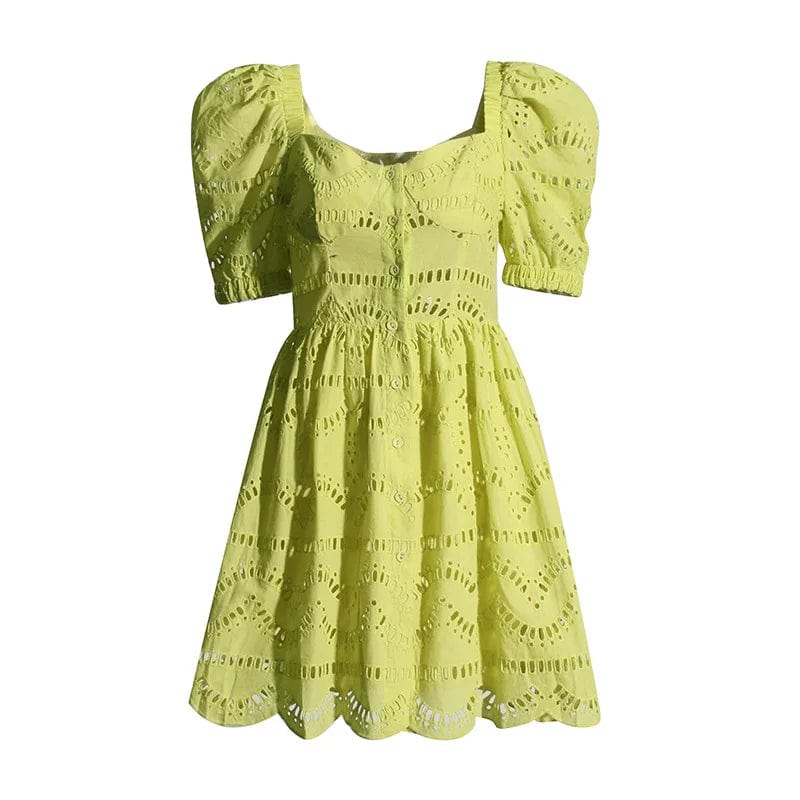 OUDINA  Summer New 2024 Sweet Square Neck Hollow Dress Lace Short Sleeve Dress Mini Dresses Women