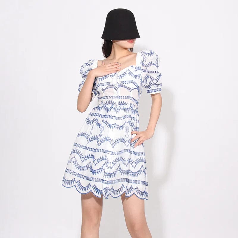 OUDINA  Summer New 2024 Sweet Square Neck Hollow Dress Lace Short Sleeve Dress Mini Dresses Women