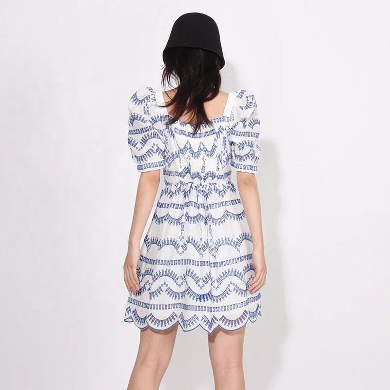 OUDINA  Summer New 2024 Sweet Square Neck Hollow Dress Lace Short Sleeve Dress Mini Dresses Women
