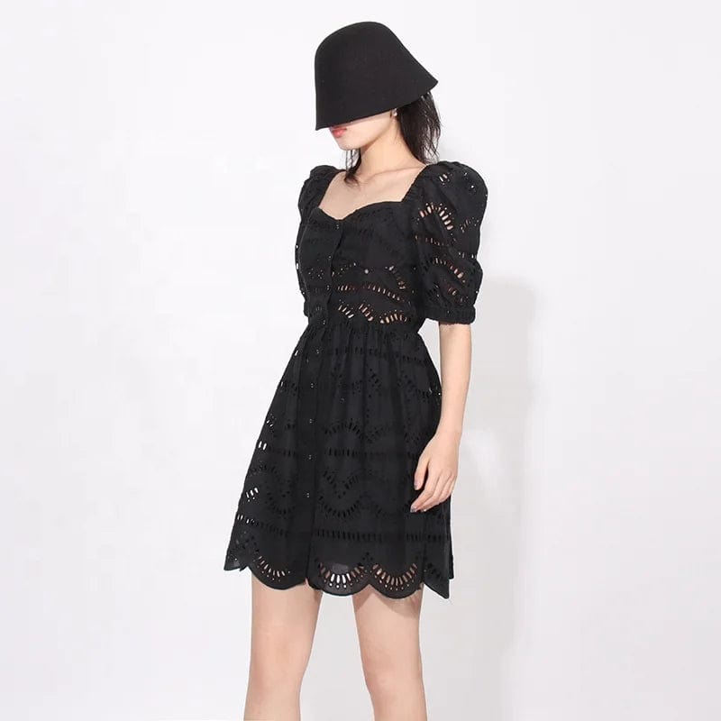 OUDINA  Summer New 2024 Sweet Square Neck Hollow Dress Lace Short Sleeve Dress Mini Dresses Women