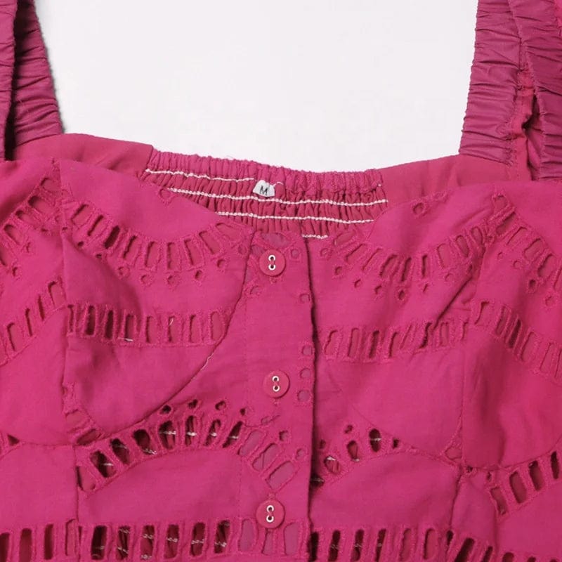 OUDINA  Summer New 2024 Sweet Square Neck Hollow Dress Lace Short Sleeve Dress Mini Dresses Women