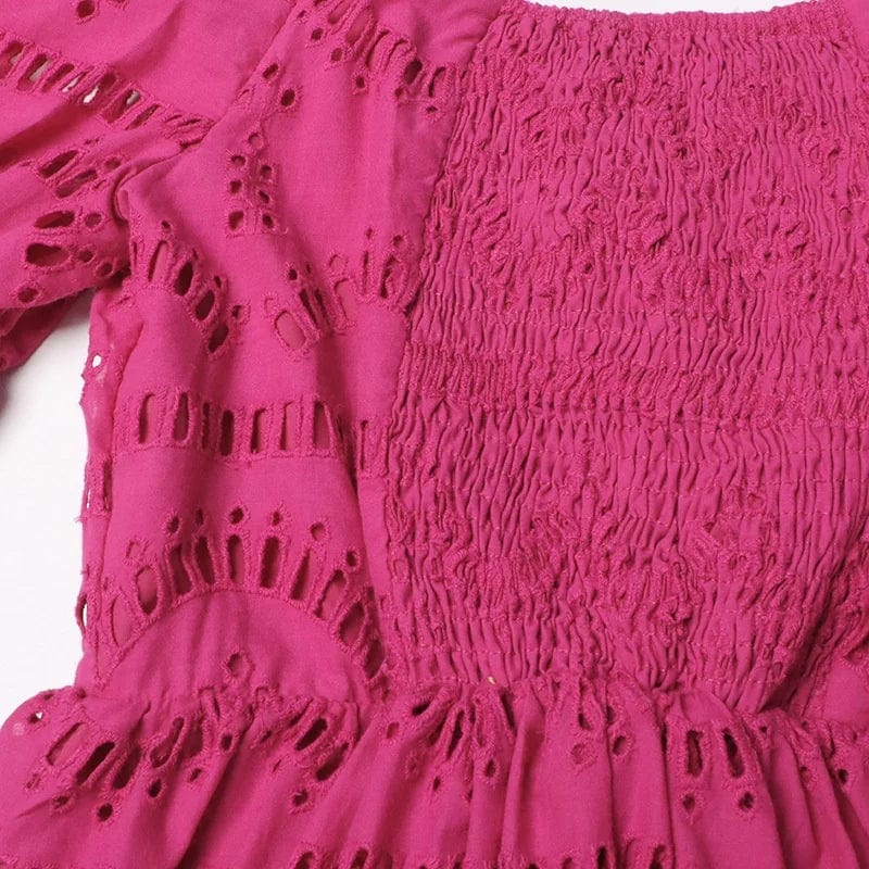 OUDINA  Summer New 2024 Sweet Square Neck Hollow Dress Lace Short Sleeve Dress Mini Dresses Women
