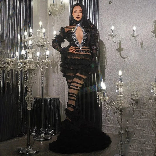 OUDINA Women's Clothing Diamond Rhinestones Black Ruffled Mesh Floor-length Maxi Dress Gowns Elegant Evening Dresses Women
