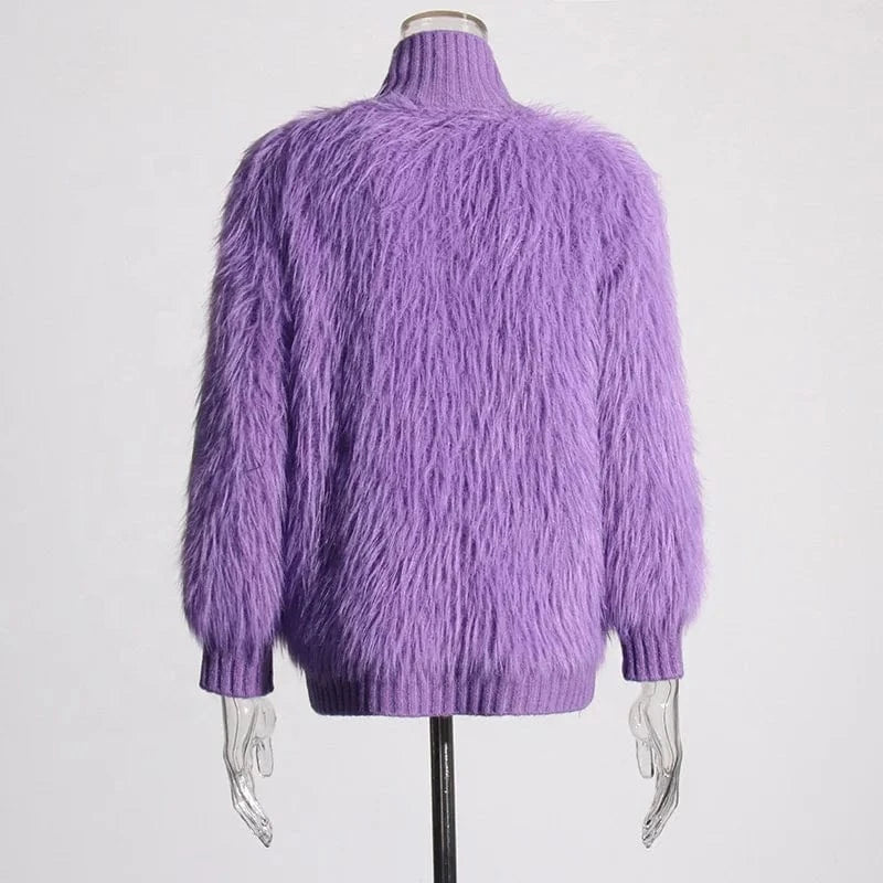 OUDINA Women's Clothing Knitted Solid Color Sweater 2024 Spring New Style Half Turtleneck Mink Fur Ladies Sweaters