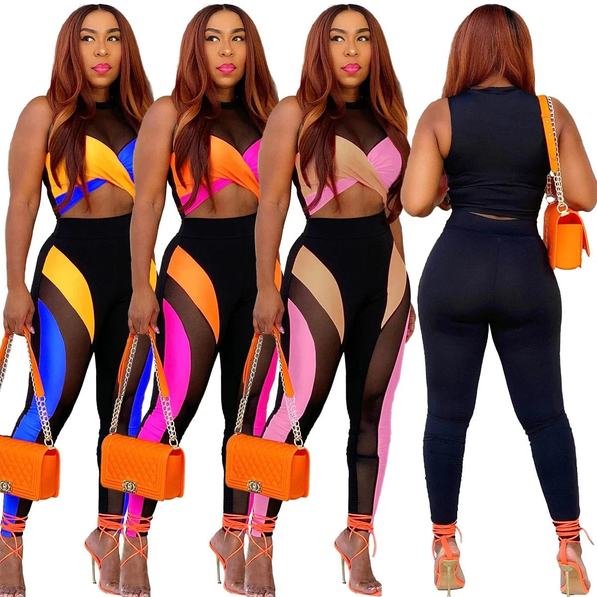 Outsunny Arrivals Folding Set with Patchwork Contrast Color Crop Tops and High Waist Leggings Sexy 2 Piece Mesh Outfit Casual