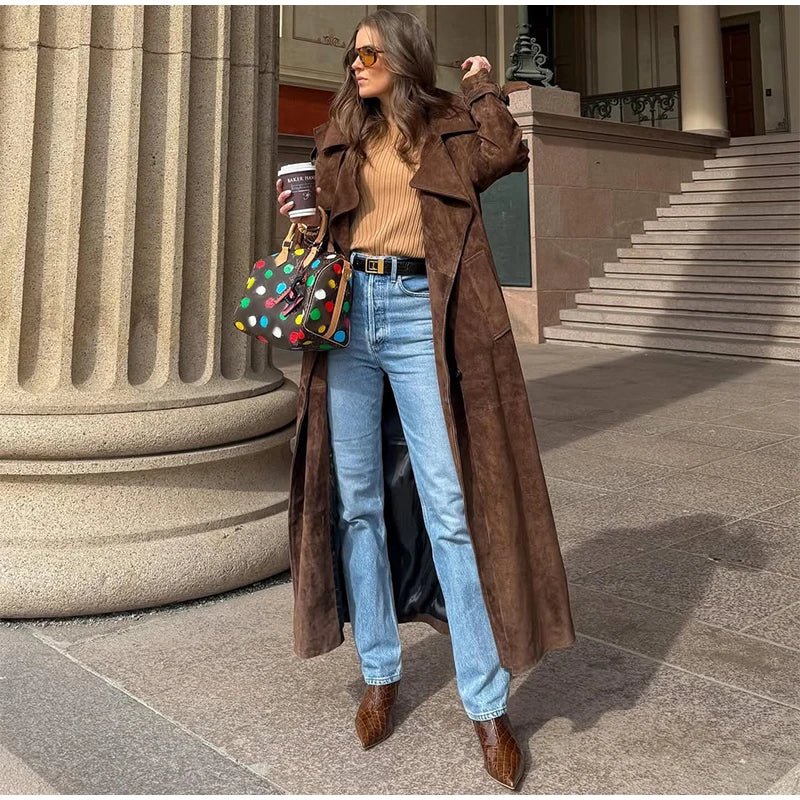 Overcoat – Long Suede, Single Breasted Lapel – Autumn High Street Style - SN Wigs & More