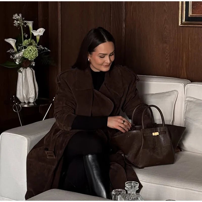 Overcoat – Long Suede, Single Breasted Lapel – Autumn High Street Style - SN Wigs & More