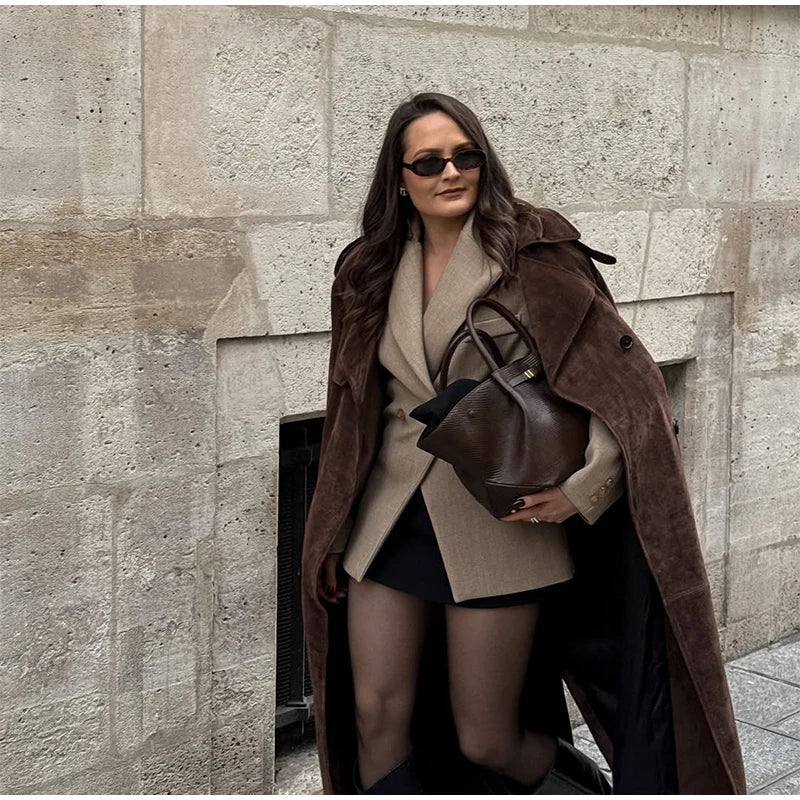 Overcoat – Long Suede, Single Breasted Lapel – Autumn High Street Style - SN Wigs & More