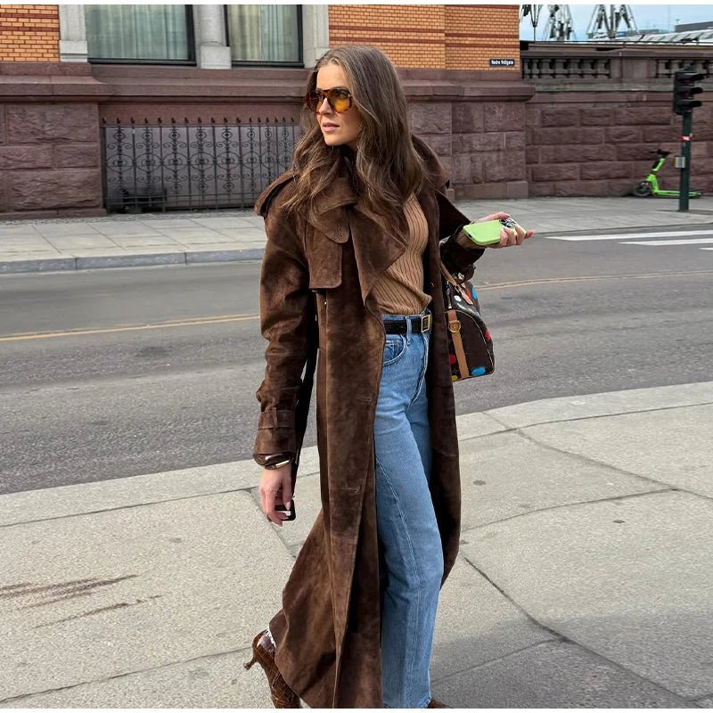 Overcoat – Long Suede, Single Breasted Lapel – Autumn High Street Style - SN Wigs & More