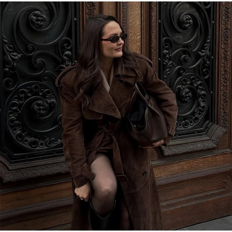 Overcoat – Long Suede, Single Breasted Lapel – Autumn High Street Style - SN Wigs & More