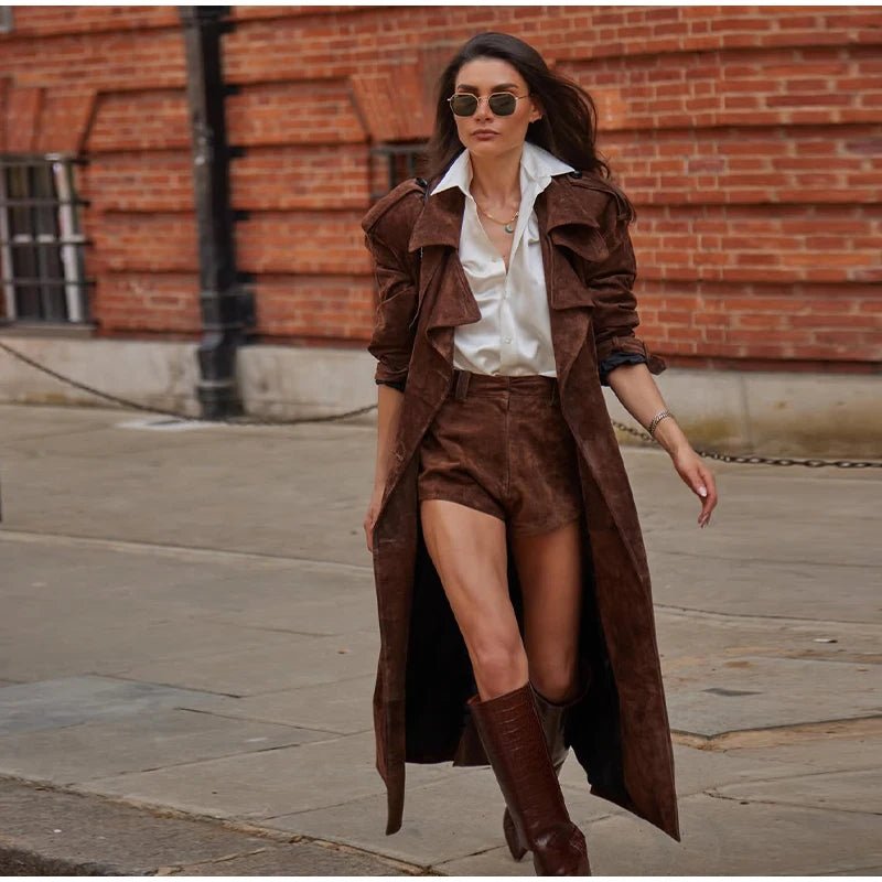 Overcoat – Long Suede, Single Breasted Lapel – Autumn High Street Style - SN Wigs & More