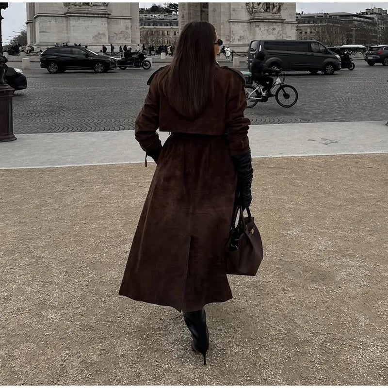 Overcoat – Long Suede, Single Breasted Lapel – Autumn High Street Style - SN Wigs & More