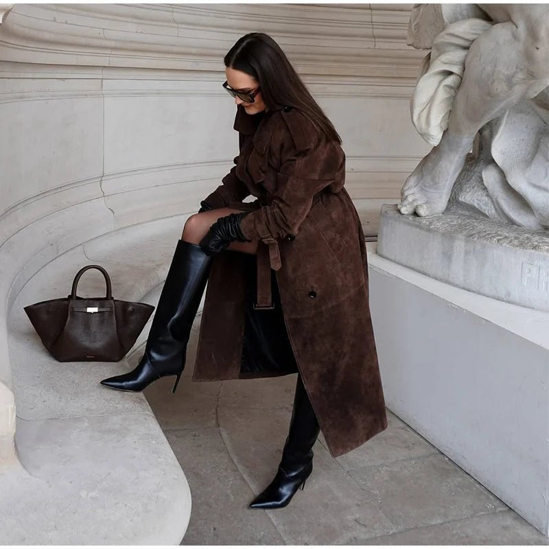 Overcoat – Long Suede, Single Breasted Lapel – Autumn High Street Style - SN Wigs & More