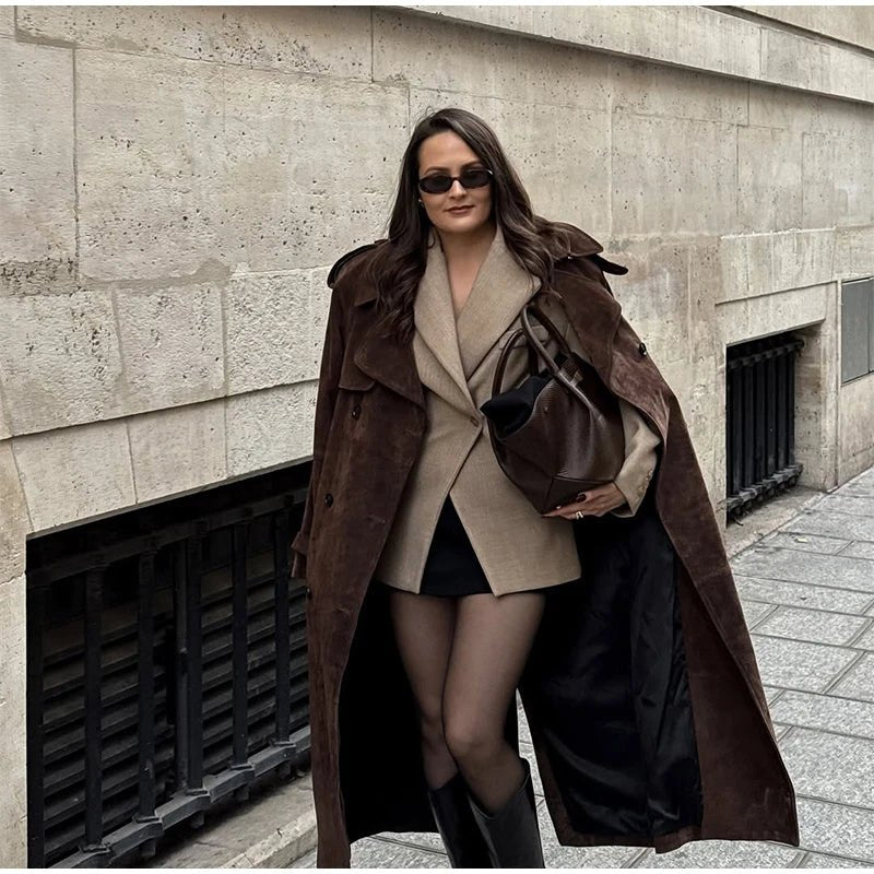 Overcoat – Long Suede, Single Breasted Lapel – Autumn High Street Style - SN Wigs & More