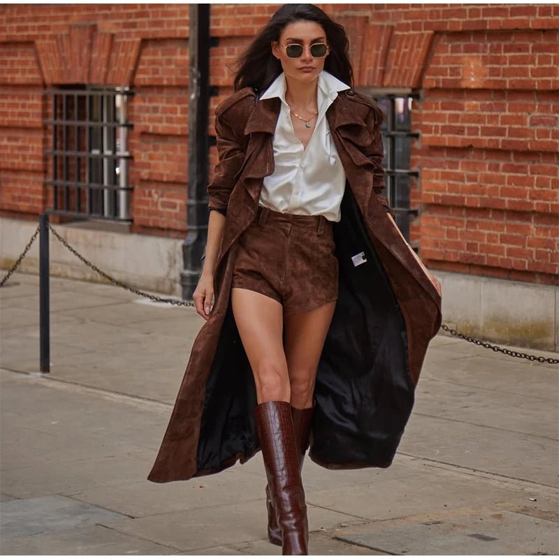 Overcoat – Long Suede, Single Breasted Lapel – Autumn High Street Style - SN Wigs & More