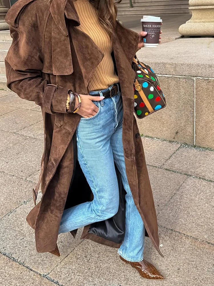 Overcoat – Long Suede, Single Breasted Lapel – Autumn High Street Style - SN Wigs & More