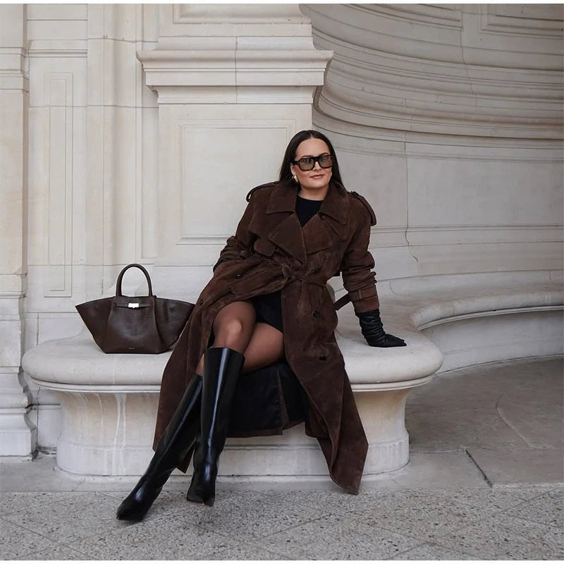 Overcoat – Long Suede, Single Breasted Lapel – Autumn High Street Style - SN Wigs & More