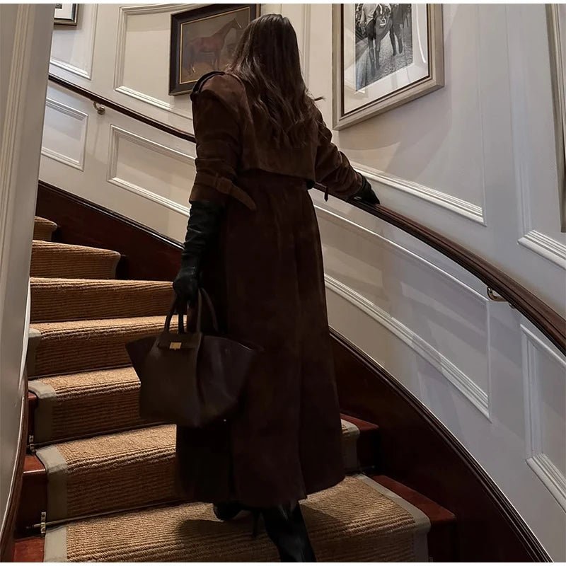Overcoat – Long Suede, Single Breasted Lapel – Autumn High Street Style - SN Wigs & More