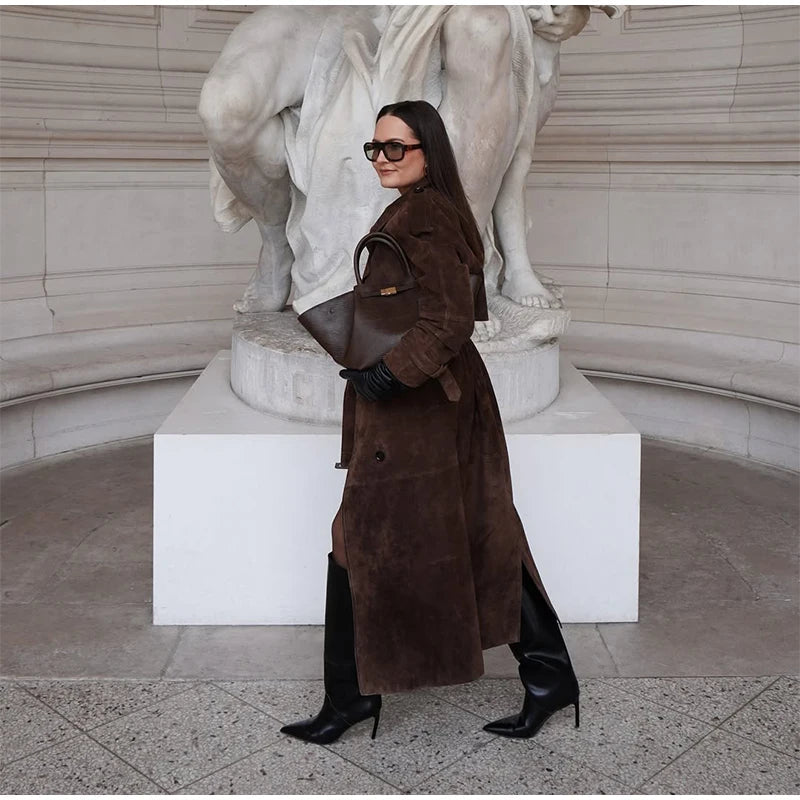 Overcoat – Long Suede, Single Breasted Lapel – Autumn High Street Style - SN Wigs & More