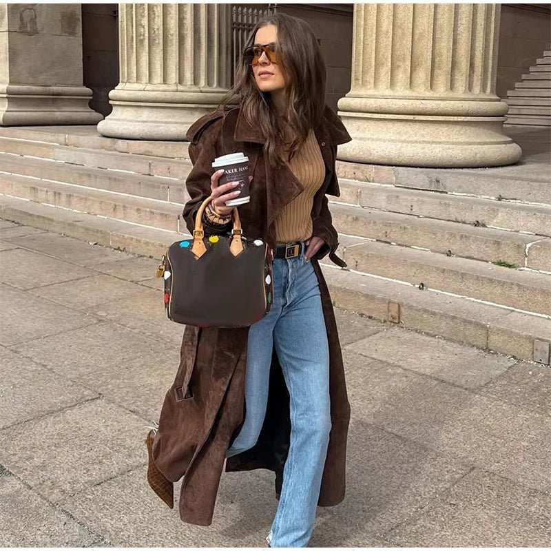 Overcoat – Long Suede, Single Breasted Lapel – Autumn High Street Style - SN Wigs & More