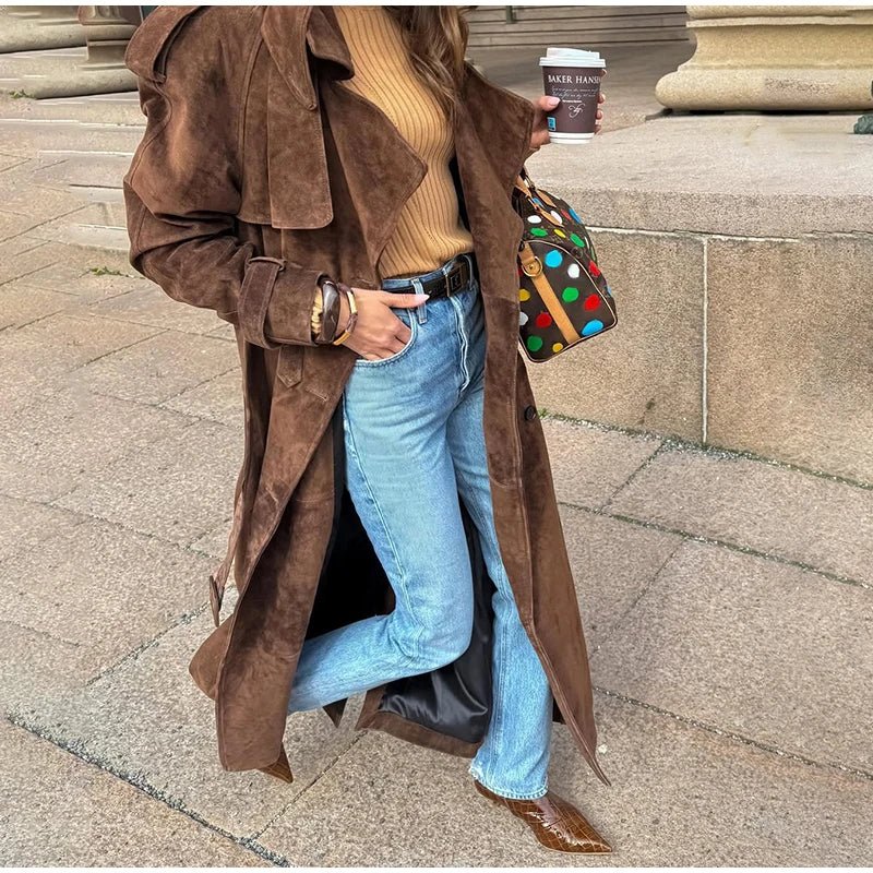 Overcoat – Long Suede, Single Breasted Lapel – Autumn High Street Style - SN Wigs & More